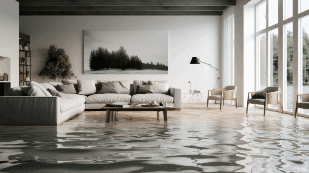 Living room flooded with water.
