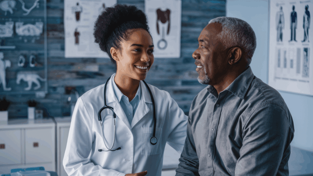A doctor and patient talking about mold toxicity in a medical office.