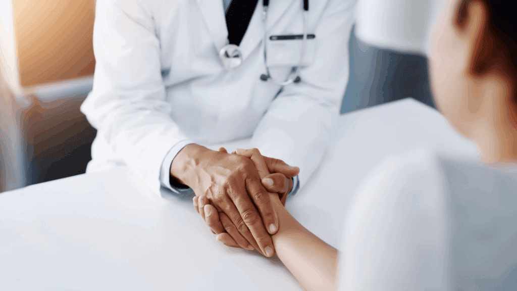 A doctor offering support for a sensitive mold-sick patient, holding hands over the medical exam table.