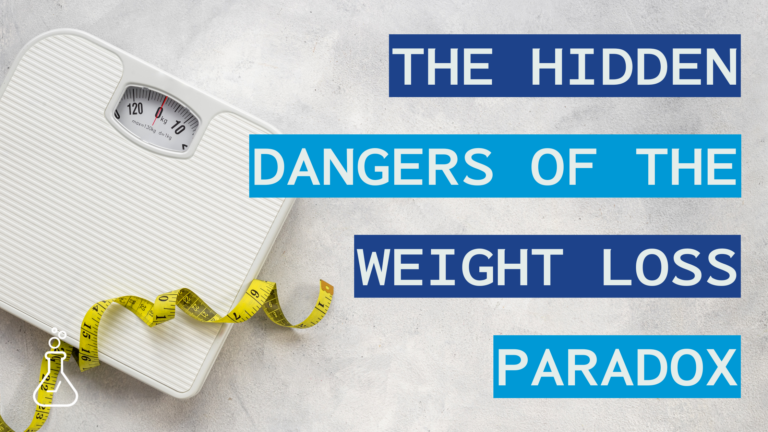 The text "The Hidden Dangers of the Weight Loss Paradox" over an image of a scale and measuring tape. The RealTime Labs logo is in the lower left hand corner.